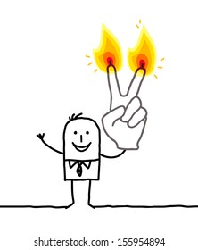 man with two burning fingers