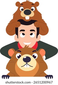 Man With Two Cartoon Groundhogs peeking, happy Groundhog Day Predictor