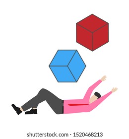 Man and two cubes.Flat cartoon character isolated on white background