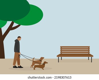 A man with two dogs on leashes walks near the bench outdoors