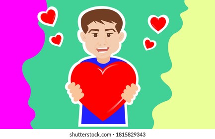 Man with two hands giving his heart to a lover. Share your love to people. Concept of charity and donation. 