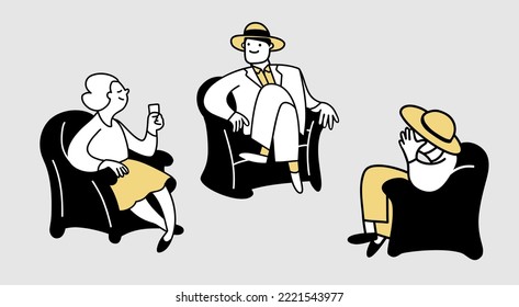 A man and two old ladies are sitting in chairs and talking.  Vector illustration in cartoon style.