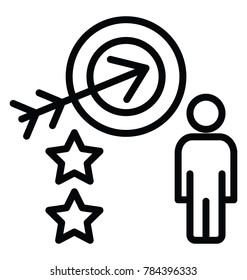 A man with two stars and dartboard, target achievement line icon