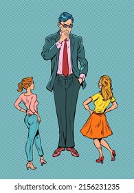 a man and two women are a choice, love and a relationship. Family psychology. Pop art retro vector illustration comic caricature 50s 60s style vintage kitsch