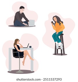 
Un hombre y dos mujeres se comunican a través de computadoras portátiles y teléfonos inteligentes. Plantilla para representar la comunicación amistosa en redes sociales, trabajo remoto, uso de tecnología de la información.