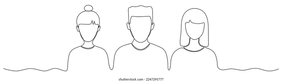 Man and two women continuous line drawing. Business team contour drawn. Vector illustration isolated on white.