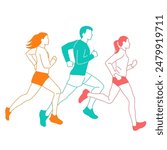 Man and two women running, different colors, cartoon characters, people silhouettes, flat icon design concept, hand drawn vector illustration isolated on white background