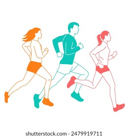 Man and two women running, different colors, cartoon characters, people silhouettes, flat icon design concept, hand drawn vector illustration isolated on white background