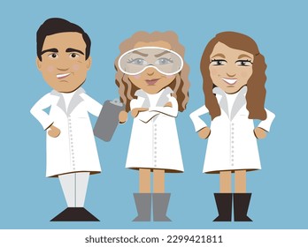 Man and Two Women Scientist Caricature Vectors 