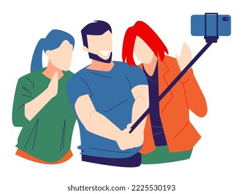man and two women selfie, using phone camera and selfie stick. isolated on a white background. suitable for the theme of photography, lifestyle, technology, friends, etc. flat vector illustration