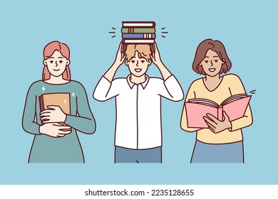 Man and two women students with books from library preparing for exams for university entrance. Set high school pupil people or teachers with textbooks for educational concept. Flat vector image