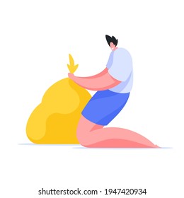 Hombre atando la ilustración de la bolsa de basura. Carácter masculino con pantalones cortos azules y camiseta blanca sostiene paquete amarillo completo. Lucha contra la contaminación planetaria vectorial global por parte de eco-voluntarios.