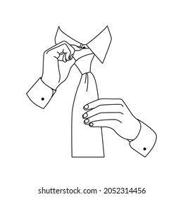 A man tying his own tie. Hands tightening the knot on the tie. Illustration in outline style.