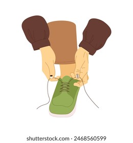 Man tying his shoelaces with monochrome geometric nails design isolated on a white background. Male manicure concept. Manicure with line and patterns, trendy nails. Vector illustration.