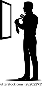Man tying tie, dressing up, formal wear, mirror, silhouette.