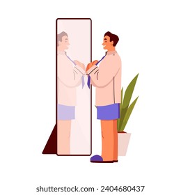 Man tying a tie stands in front of a mirror, flat cartoon vector illustration isolated on white background. Man gets dressed before work or wedding event. svg