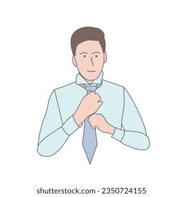 Man tying tie vector illustration. Cartoon line isolated front portrait of handsome businessman or boss standing with confidence, young male character in elegant formal shirt and blue necktie