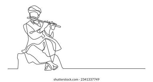 man in typical indian dress blowing flute.continuous line of men blowing flute.single line of indian traditional life