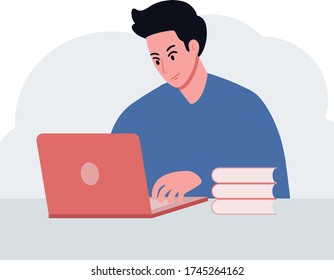 Man typing computer laptop notebook, on table with book are happy working	
