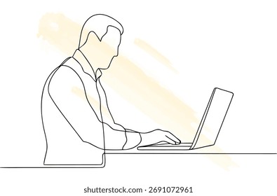 Computador laptop de digitação manual em arte de linha contínua minimalista com manchas de aquarela amarela linha única