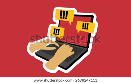 Man typing in laptop ransomware alert sticker illustration