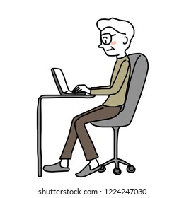 Man typing on computer laptop. Home office concept with mature man working on laptop happily and comfortably from home. Elderly man with glasses looking at notebook screen, working and typing message.