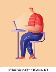 Man typing on laptop. Flat design and background