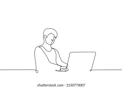 man typing on laptop keyboard - one line drawing vector. concept work from home, freelancer, coworking