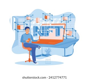 Hombre escribiendo en un portátil usando un teléfono celular. Holograma digital NFT, bloque de datos en pantalla virtual. Concepto de desarrolladores de APP. Ilustración vectorial plana.