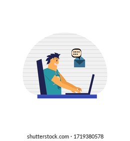Hombre tecleando en portátil, ilustración vectorial elegante.