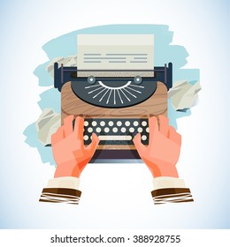 Man typing on the vintage wood typewriter with paper ball of idea - vector illustration