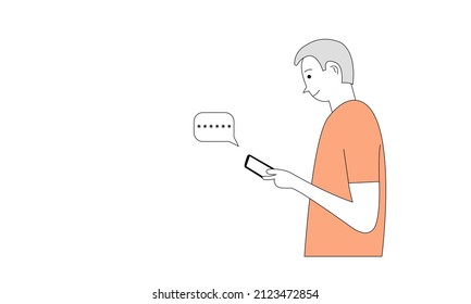 A man is typing a password on his cell phone. Flat Design