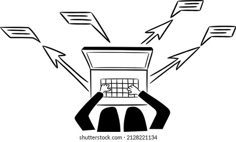 The man is typing and sending messages. Look from above.