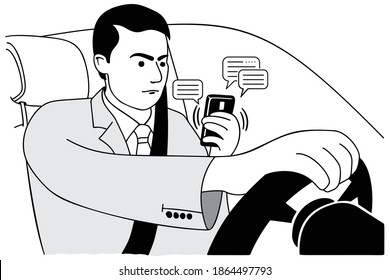 Hombre Escribiendo Mensaje De Texto En El Teléfono Móvil Mientras Conduce El Auto. Conducción peligrosa mientras escribe un mensaje de texto. Vector e ilustración.