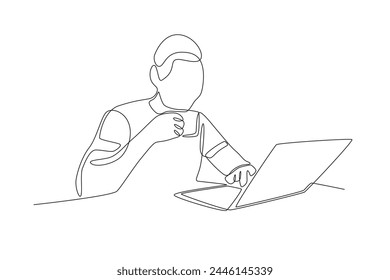 Man typing while drinking coffee.Working from home one-line drawing