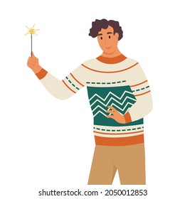 Man in ugly sweater with sparklers. A young boy celebrate the new year, Christmas. Flat cartoon vector illustration