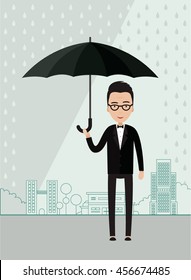 Man with an umbrella in a big city