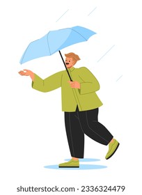 Man with with umbrella concept. Guy standing outdoor in warm clothes. Autumn and fall season. Sticker for social networks and messengers. Cartoon flat vector illustration isolated on white background