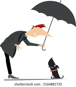 Man, umbrella and the dog illustration. 
Smiling man in the top hat protects a dog against the rain by umbrella isolated on white background
