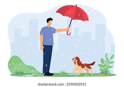 Man with umbrella and dog walking in rain in city park. Leisure, Communicating with Home Animal in Park. Cartoon Vector Illustration.