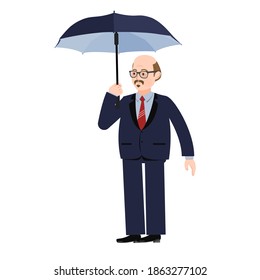 A man with an umbrella. A fat man in a suit with an umbrella. Overweight. Vector illustration of a person for animation. Edit the movements. Editable movements. The man is bald and has glasses.