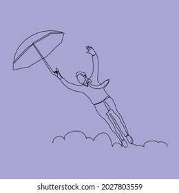 man with umbrella flying over the cloud in one line vector illustration