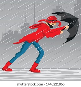A man with an umbrella goes against the wind in rainy weather.