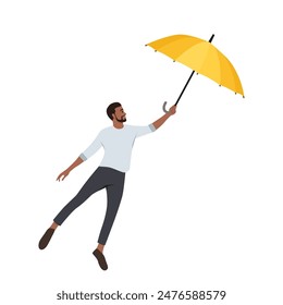 Man with an umbrella gone with the wind. Flat vector illustration isolated on white background