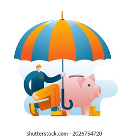 A man with an umbrella in her hands protects her savings. Vector illustration in a flat style. A metaphor on the topic of deposit insurance in a bank.