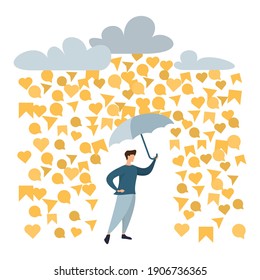 Man with an umbrella in his hands stands in the rain likes, good reviews, rating, friends loyalty program, promotion method, customer acquisition. Vector illustration