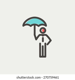 Man with umbrella icon thin line for web and mobile, modern minimalistic flat design. Vector icon with dark grey outline and offset colour on light grey background.