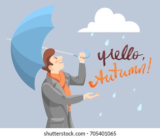 Man with umbrella meets the autumn. Vector cartoon character with hello autumn inscription
