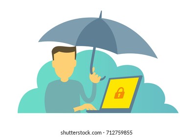 The man with umbrella. Protect your computer from viruses. Insurance. Antivirus protection. Vector Illustration