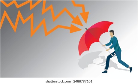 Mann mit Regenschirm, der vor Blitzschlag schützt. Dimension 16:9. Vektorillustration.